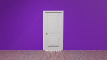 White closed door contrasting against a vibrant purple wall, situated in an empty room featuring a wooden floor, creates a simple yet captivating interior scene full of mystery and potential