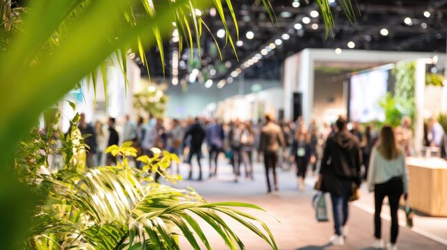 A vibrant public event with people walking and socializing indoors, framed by lush green plants in the foreground and bright lighting above.