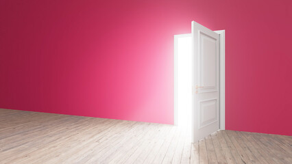Bright light streaming through an open classic white door illuminates an empty pink room with a wooden floor, creating a sense of hope and opportunity in a clean, modern space