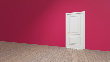 Minimalist interior design featuring a closed white door set against a vibrant magenta wall in an empty room with a classic wooden floor, creating a striking contrast and sense of mystery