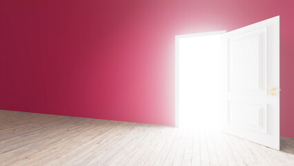 Bright light is coming through an open classic white door in an empty room with pink wall and wooden floor, creating a concept of hope, opportunity, and new beginnings