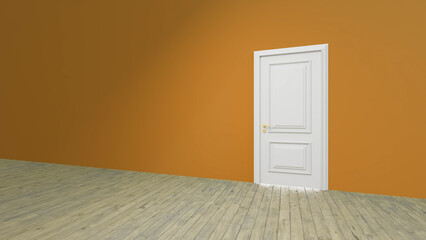 Minimalist interior design featuring a closed white door set against a vibrant orange wall, creating a striking contrast in an empty room with a light wooden floor