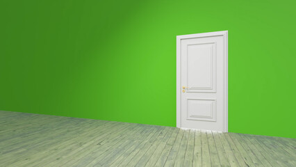 Classic white door stands in a vibrant green room with a light wooden floor, creating a striking contrast and suggesting new opportunities or a fresh start
