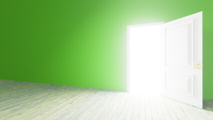 Bright light streaming through an open white door illuminates an empty room with green walls and a wooden floor, creating an inviting atmosphere of hope and new beginnings