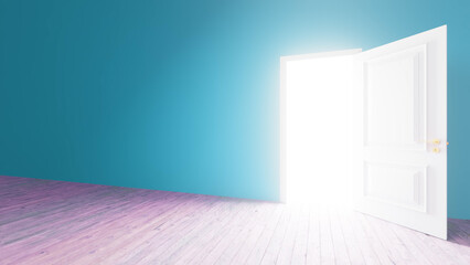 Bright light shining through an open door into an empty room with wooden floor and turquoise wall, creating a mysterious and inviting atmosphere