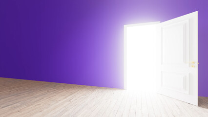 Bright light streaming through an open classic white door in an empty purple room with a wooden floor, evoking a sense of mystery and surreal wonder, inviting exploration and new beginnings