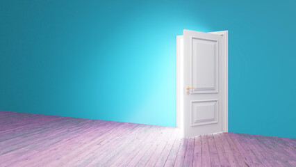 Slightly opened white door allowing bright light to flood in, illuminating a turquoise wall and a purple wooden floor in an empty, inviting room