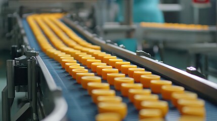 Obraz premium A factory production line with numerous orange pills or capsules moving in a sequence on a conveyor belt.