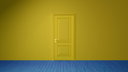 Empty room with yellow wall and blue wooden floor featuring a closed yellow door in the center, representing concepts of interior design, home improvement, and new beginnings