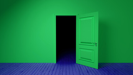 Open green door revealing a dark, empty room, featuring a blue wooden floor and green walls, evoking a mysterious and surreal atmosphere filled with intrigue and curiosity