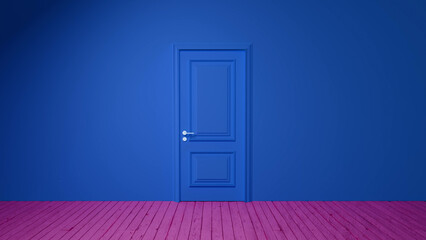 Closed, blue door stands out against a matching blue wall, contrasting sharply with a vibrant pink wooden floor in a minimalist, empty room, creating a visually striking and surreal atmosphere