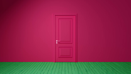 Classic style pink door standing in an empty room with a vibrant green wooden floor and soft pink walls, creating a surreal and colorful atmosphere filled with intrigue