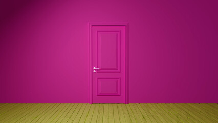 Closed pink door in center of magenta wall facing green wooden floor in empty room, representing concepts such as transition, new beginnings, and choices