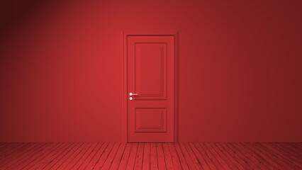 Empty red room with wooden floor and closed door suggesting a concept of mystery, unknown, or new beginning, creating a surreal and intriguing atmosphere