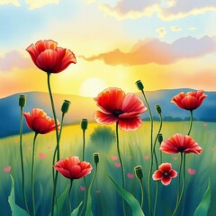 Obraz premium Rote Mohnblumen vor einem stimmungsvollen Sonnenuntergang über Bergen, farbenfrohes Aquarellmotiv.
