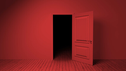 Slightly opened red door revealing a dark interior within an empty red room featuring a wooden floor, evoking a sense of mystery and suspense while inviting curiosity about the unknown