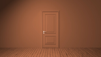 Closed door separating rooms in a modern and minimalist house with wooden floor and matching brown walls, creating a cozy and private atmosphere