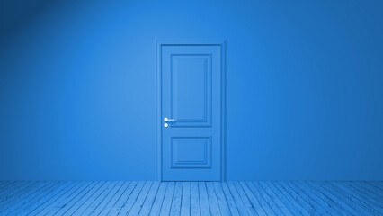 Minimalist blue monochromatic interior with closed door and wooden floor creates a serene and enigmatic atmosphere, inviting contemplation and curiosity about what lies beyond