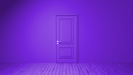 Minimalist purple room with wooden floor and closed door, creating a mysterious and surreal atmosphere with contrasting textures and monochrome color