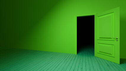 Open bright green door in a green room with wooden floor leads to a dark mysterious interior, creating a suspenseful and intriguing atmosphere