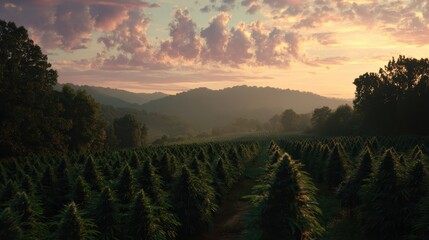 A scenic view of a lush green field with rows of plants set against rolling hills under a dramatic sunset sky with scattered clouds.