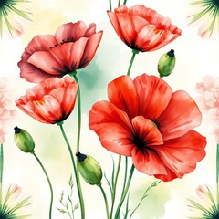 Fototapeta premium wasserfarben Art von roten Mohnblumen vor buntem, abstraktem Hintergrund. Fröhliches Sommermotiv in leuchtenden Farben.