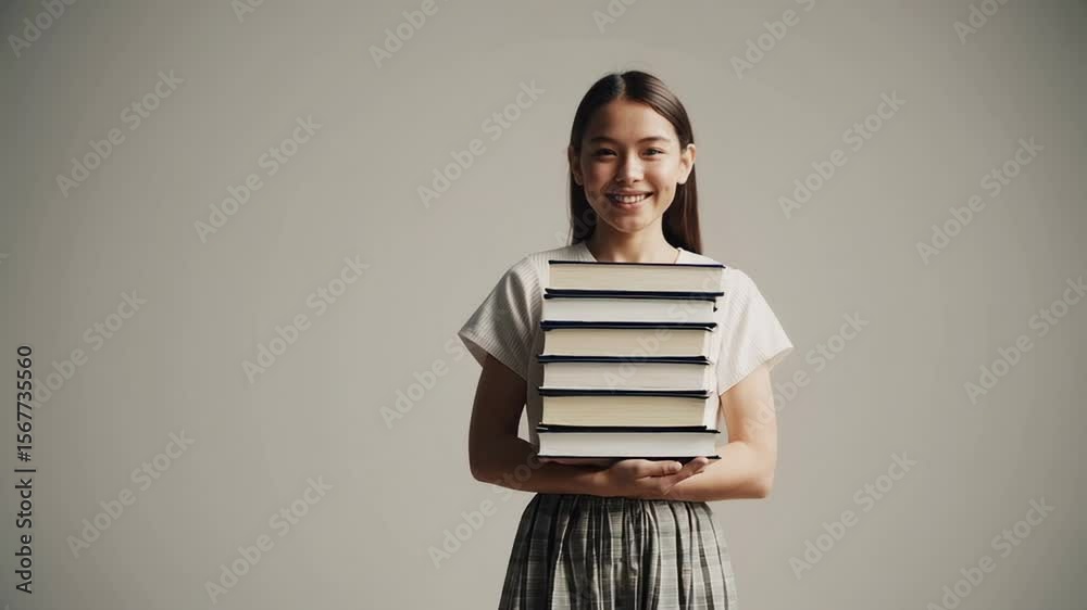 Aufkleber Young female student smiling brightly while carrying stack of books, standing against white background and preparing for academic learning journey