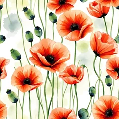 Muster aus roten Mohnblumen auf hellem Aquarellhintergrund, ideal für Stoffe und Dekoration. © Kathy