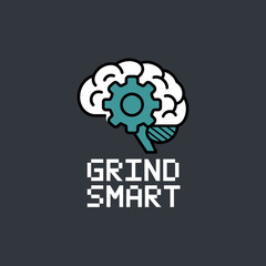 A stylized graphic featuring a brain with a teal gear inside symbolizing smart thinking and efficient work accompanied by the text grind smart in pixelated font