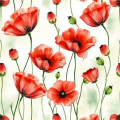 Obraz premium Muster aus roten Mohnblumen auf hellem Aquarellhintergrund, ideal für Stoffe und Dekoration.