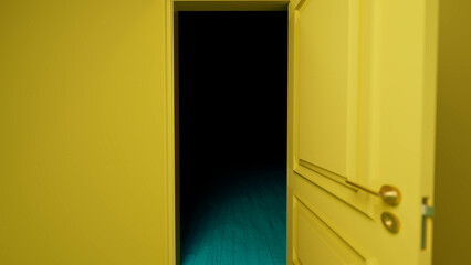 Slightly opened yellow door revealing a dark room with a striking teal floor, evoking a sense of mystery and suspense, inviting curiosity about the hidden secrets within