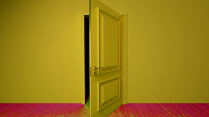 Slightly open yellow door revealing a dark interior with pink floor, creating a contrasting and intriguing scene, symbolizing mystery, transition, or opportunity