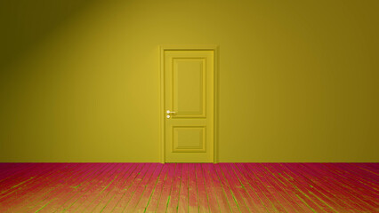 Yellow closed door set against a yellow room, complemented by colorful wooden floorboards, creating a vibrant and surreal atmosphere in contemporary interior design