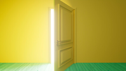 Open door illuminating a yellow room with bright white light and a vibrant green floor, creating a hopeful and optimistic atmosphere filled with potential and new beginnings