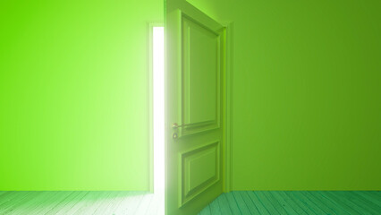 Illuminating a vibrant green room, an open door invites bright light, representing new opportunities, hope, and a fresh start on the journey toward success and transformation