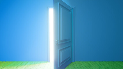 Bright white light streaming through an open door in a serene blue room with a vibrant green floor, creating an atmosphere filled with hope and endless possibilities for new beginnings