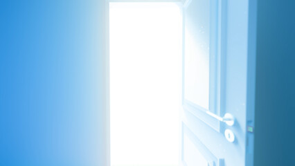 Open door allows a bright light to shine through, creating a hopeful atmosphere and symbolizing new opportunities, a fresh start, or a spiritual awakening