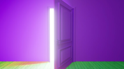 Bright light is coming through an open purple door in an empty room with purple walls and a green floor, creating a mysterious and surreal atmosphere