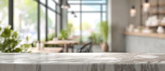 A bright, modern cafe interior with large windows, plants, and wooden furniture, viewed from an empty marble countertop.