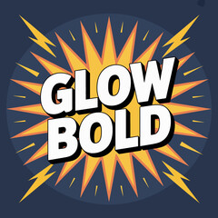 Glow bold text with comic book style explosion and lightning bolts on a dark blue background
