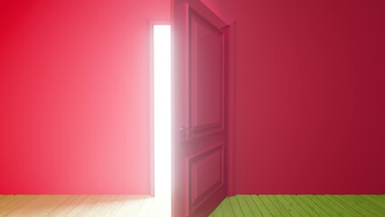 Open door revealing a bright white light, illuminating a colorful room with vibrant pink walls and a mix of green and beige parquet, symbolizing new opportunities and hope for the future