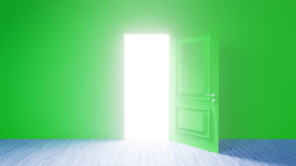 Bright light is coming through an open green door in an empty room with a wooden floor and green walls, creating a mysterious and hopeful atmosphere