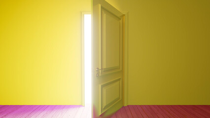 Bright light streaming through an open door illuminates a yellow room with a pink floor, crafting a surreal and optimistic atmosphere filled with hope and possibilities