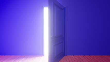 Open door allowing bright light to flood a purple room with wooden flooring, creating an atmosphere filled with mystery and surreal charm, inviting exploration and new beginnings