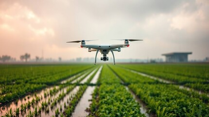 Drone flying over farmland at dawn.