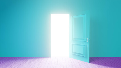 Bright light streaming through an open turquoise door in a vibrant turquoise room with a striking purple floor, evoking a surreal and dreamy atmosphere filled with possibilities