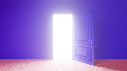 Open purple door allowing bright white light to flood an otherwise empty room featuring purple walls and a light wood floor, creating an atmosphere of hope and new beginnings