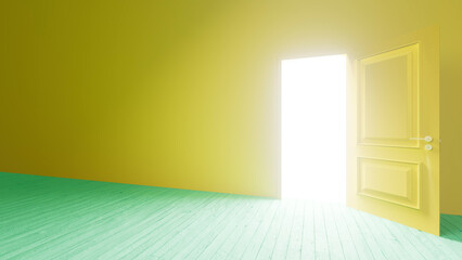 Fototapeta premium Bright light streaming through an open door into a room with a green wooden floor and a yellow wall, creating a hopeful and optimistic atmosphere