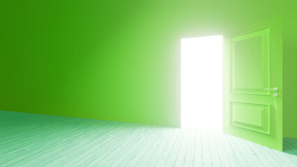 Light streaming through an open green door illuminates an empty green room with a wooden floor, representing opportunity, hope, and the promise of new beginnings