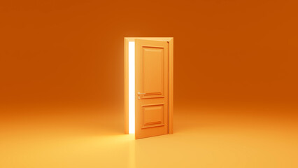 Slightly open orange door revealing bright white light in an empty orange room, symbolizing hope, opportunity, and new beginnings on the journey toward future success